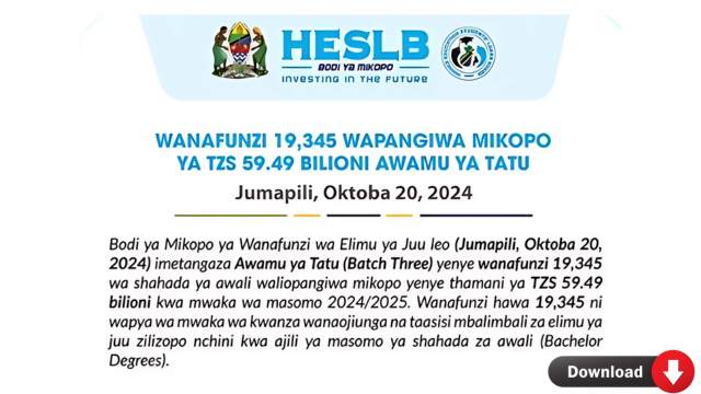 Majina ya waliopata Mkopo HESLB Awamu ya Tatu 20242025